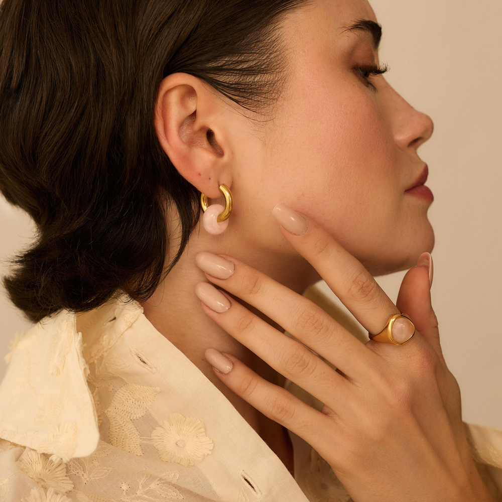 Złote kolczyki koła z kwarcem różowym Rose 