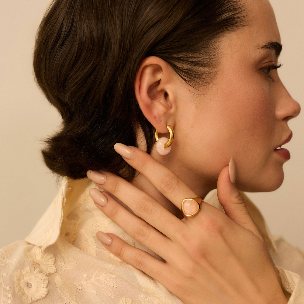 Złote kolczyki koła z kwarcem różowym Rose 