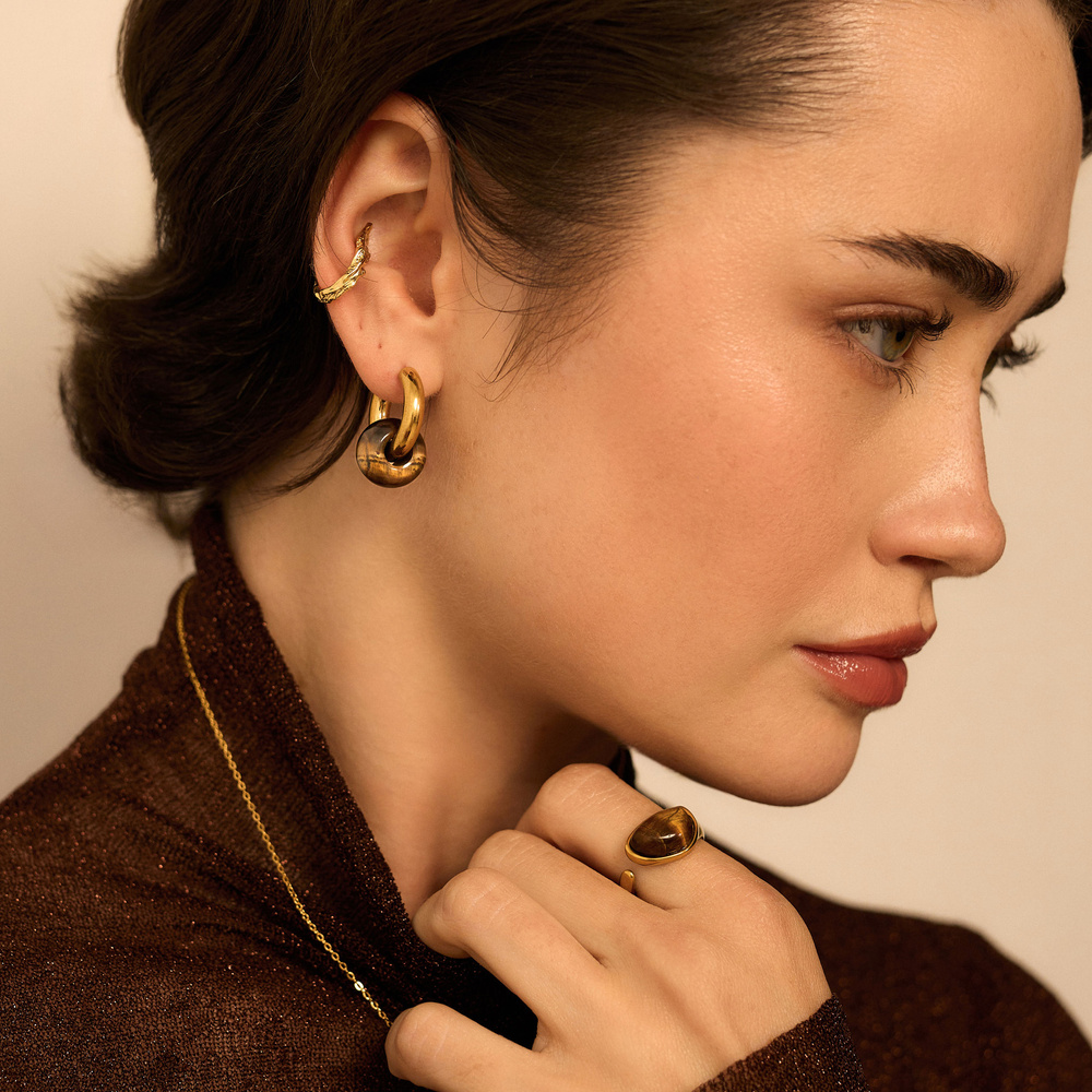 Złote kolczyki koła z oczkiem tygrysim Nocturne