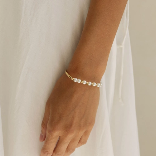 Złota sztywna bransoletka z perłami Pearl Bloom